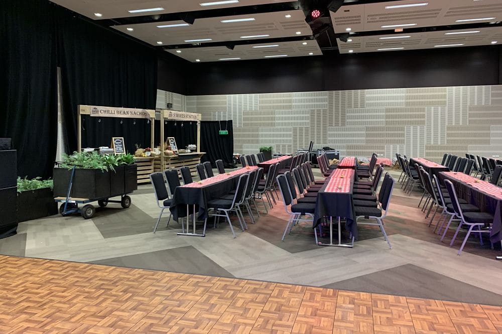 Table setting and bar set up in the Heaphy room at Claudelands Event Centre for HCC Staff Party