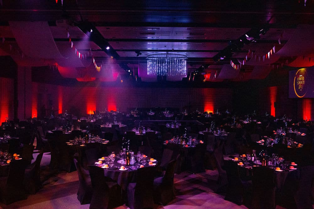 Tables all set out for a large gala ball at The Claudelands Event Centre