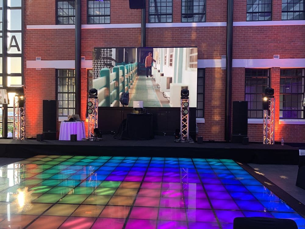 The Atrium - Corporate event with video screen and retro dance floor