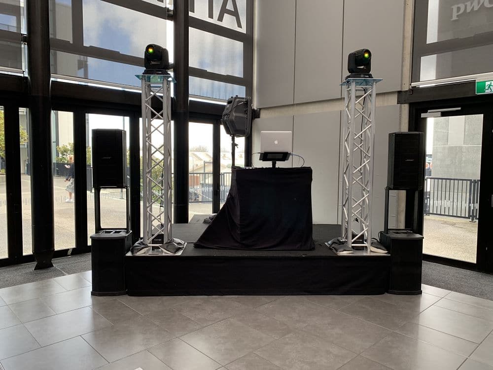 The Atrium DJ Hire Equipment set up for corporate event expecting 250 guests