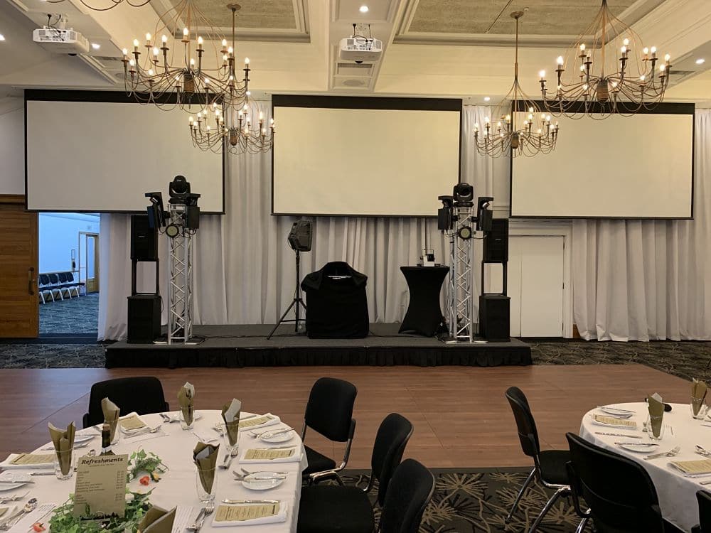 The Plymouth International Hotel - Grand Ball room DJ equipment 3 overhead video screens