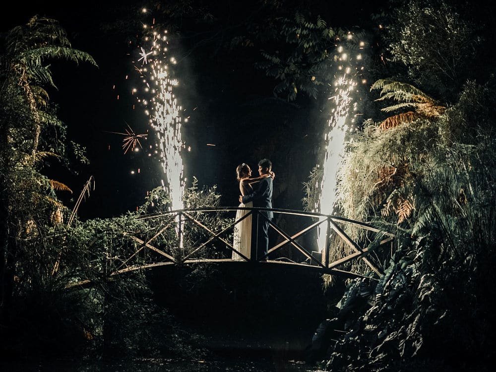 Woodside Estate - Bride and Groom on Bridge with Pyrotechnics