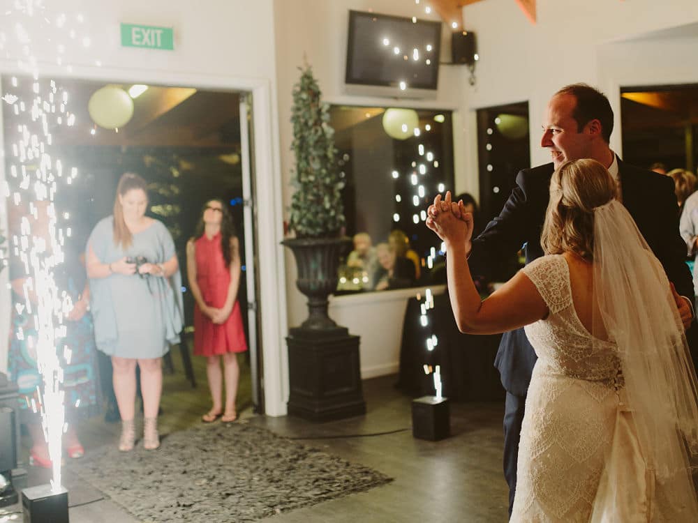 Woodside Estate Wedding Reception Bride and Groom First Dance with Indoor Fireworks