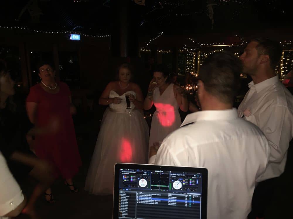 Crab Farm Winery - Bride and Bridesmaid with wedding guests drinking and dancing at wedding reception