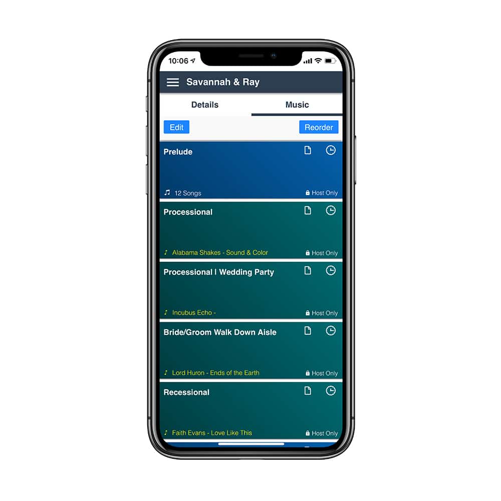 After selecting music from the upper right tab on the main page you will see all the activities of your event.